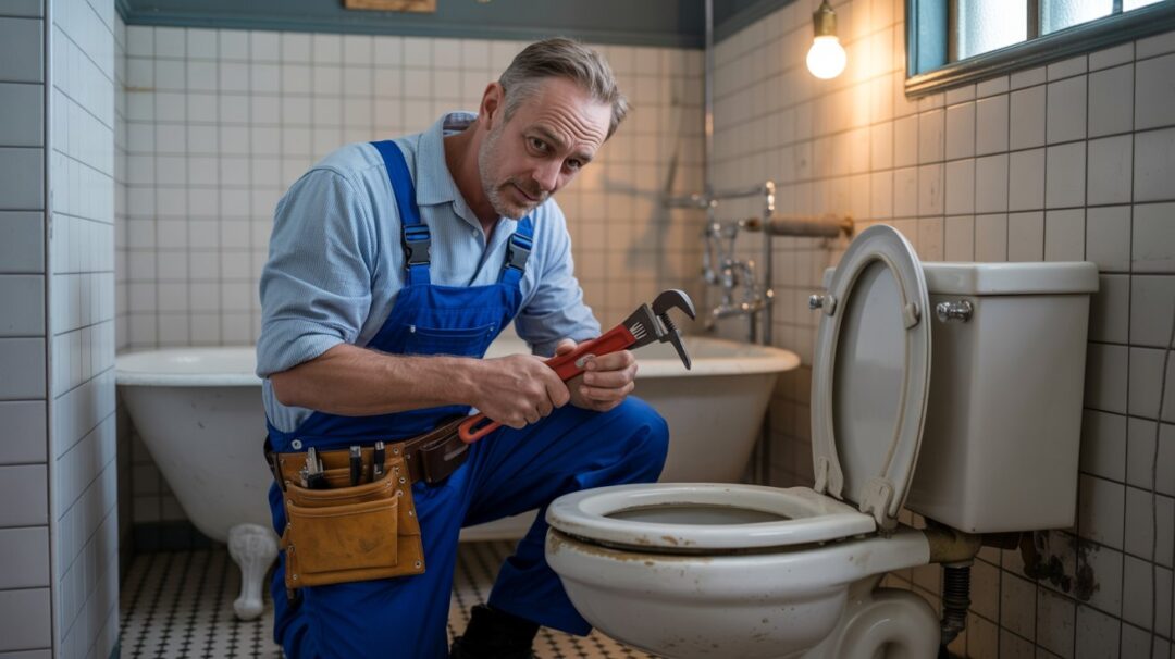 A photograph of a middle-aged plumber wearing blue overalls and a tool belt, kneeling beside a vintage porcelain toilet. The plumber has a focused expression as he tightens a wrench, his hands weathered and showing signs of experience. The bathroom is tiled with white and grey squares, featuring a clawfoot tub partially visible in the background and a single bare lightbulb hanging from the ceiling. Soft, diffused light illuminates the scene, highlighting the plumber’s concentration and the worn textures of the bathroom.