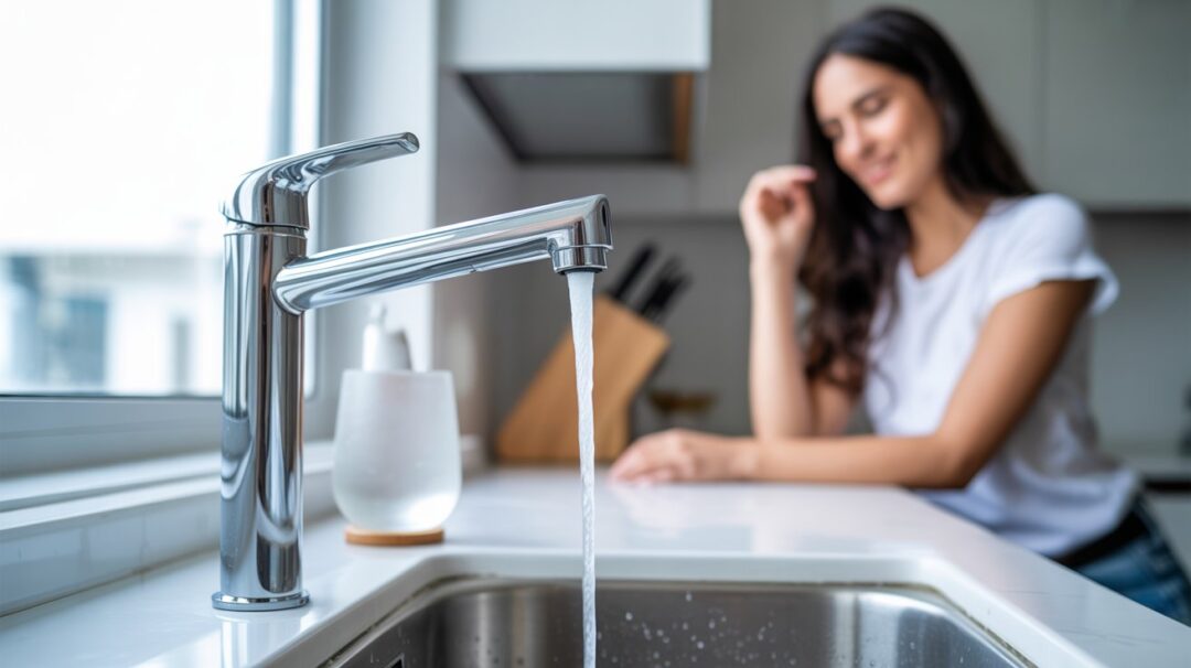 Why Does Tap Water Taste Sweet? A photograph of a modern chrome kitchen faucet in a sleek, minimalist condo. The faucet is turned on, with a stream of clear water cascading into a stainless steel sink below, and a frosted glass sits slightly off-center, reflecting the light. A woman with long dark hair, casually dressed in a white t-shirt, is blurred in the background, leaning against the kitchen counter with a relaxed posture. Soft, diffused natural light streams in from a nearby window, highlighting the clean lines of the kitchen and the glistening water.