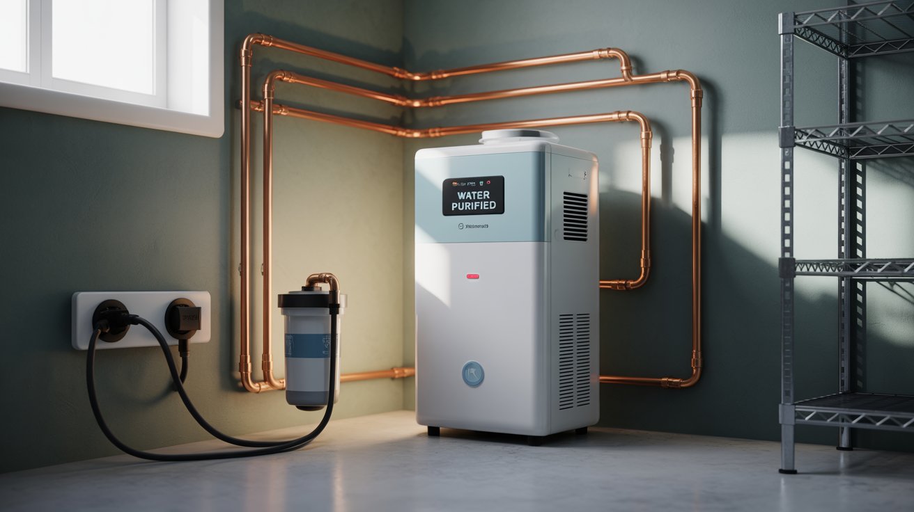 A photograph of a modern domestic water filtration system prominently displayed in a tidy utility room. The system, a large white unit with a light blue control panel displaying "WATER PURIFIED", stands in the corner, its copper pipes snaking elegantly along the muted grey wall. A smaller secondary filter is mounted nearby, connected to the copper piping and powered by a black cord plugged into a double outlet. Soft, diffused light illuminates the scene, highlighting the clean concrete floor and partially visible metal shelving unit in the background.