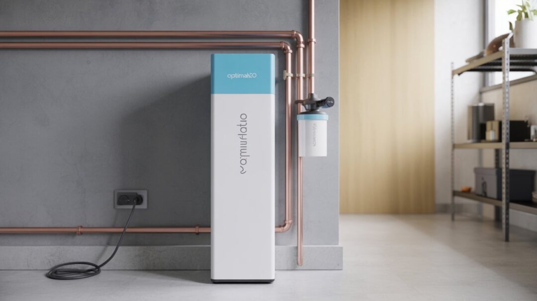 Detailed diagram of a DIR (Demand-Initiated Regeneration) water softener system, set against a clean, minimalist background. The softener unit is centered, with its internal components and workings visible in a cutaway view. Surrounding it are labeled diagrams highlighting key features like the control valve, resin tank, and brine tank. The overall lighting is bright and evenly distributed, with a slight technical/engineering feel. The camera angle is slightly elevated, providing a clear, unobstructed view of the entire system. The image conveys a sense of clarity, functionality, and attention to detail, suitable for illustrating a maintenance-focused section of an article on DIR water softeners. A photograph of a modern domestic water filtration system prominently displayed in a tidy utility room. The system, a large white unit with a light blue control panel displaying "WATER PURIFIED", stands in the corner, its copper pipes snaking elegantly along the muted grey wall. A smaller secondary filter is mounted nearby, connected to the copper piping and powered by a black cord plugged into a double outlet. Soft, diffused light illuminates the scene, highlighting the clean concrete floor and partially visible metal shelving unit in the background.