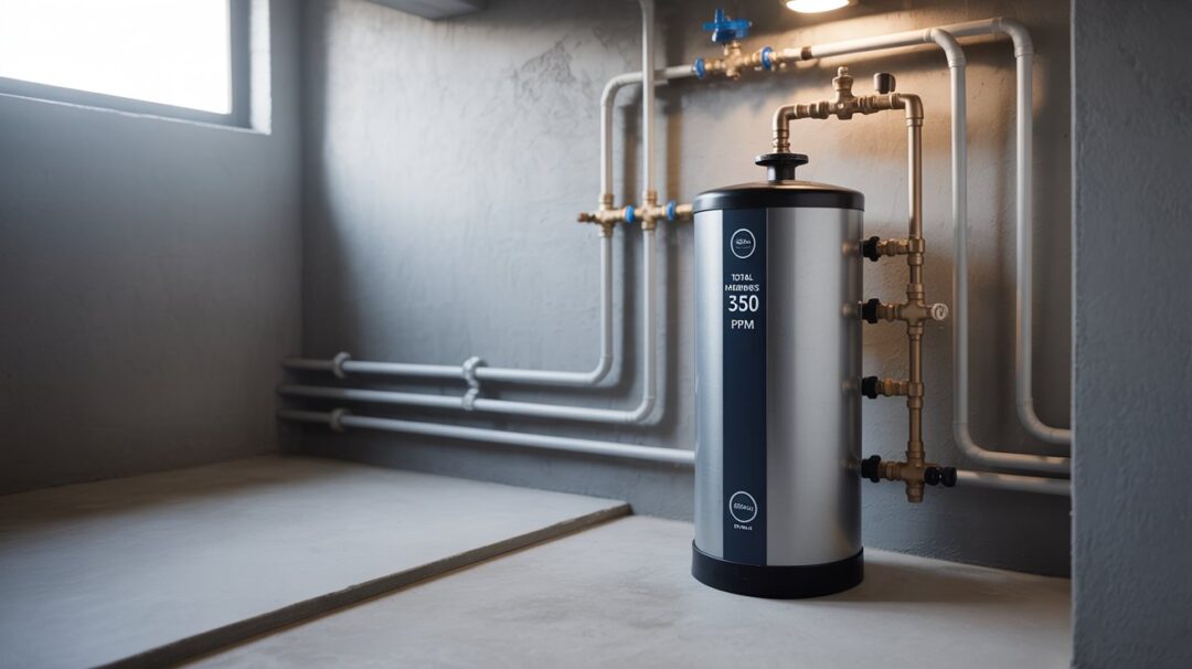 A photograph of a modern home water softener system installed in a finished basement. The system features a sleek, cylindrical tank with a digital display panel showing "TOTAL HARDNESS: 350 ppm" and connecting pipes and valves neatly arranged along the wall. The concrete floor is clean and painted a light grey, with a single work light illuminating the area above the system. Soft, diffused lighting from a nearby window casts gentle shadows, creating a clean and functional atmosphere.
