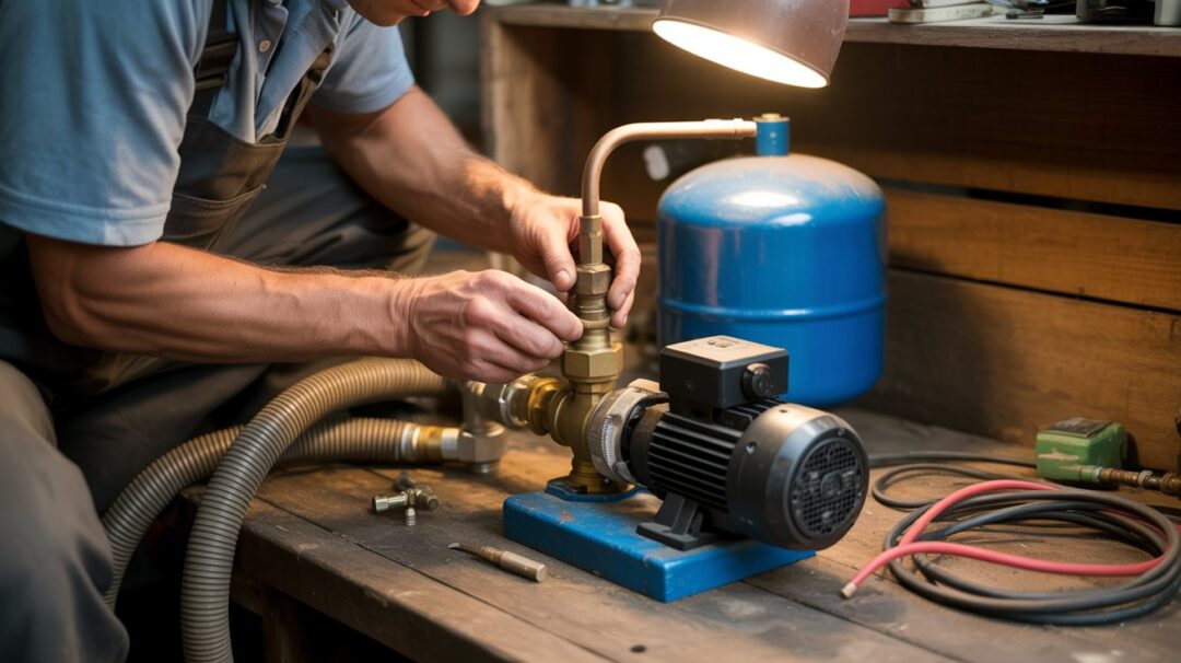 A well water pump sits in a dark, damp basement, its components overheating from excessive use. Sunlight streams in through a small window, illuminating the pump's internal mechanisms - the impeller, bearings, and seals struggling to function under the strain. Droplets of condensation cling to the metal casing, while a faint haze of steam rises from the overworked electric motor. The atmosphere is tense, with a sense of impending failure looming over the scene. The pump's labored whirring and the occasional drip of water from a loose connection create an ominous soundtrack, hinting at the potential for disaster if the issue is not addressed soon. A photograph of a person's hands meticulously working on a well pump system within a dimly lit, rustic home workshop. The hands, partially obscured by work gloves, are carefully adjusting a brass fitting connected to a black electric motor, with a bright blue pressure tank visible behind it. PVC pipes and flexible hoses snake around the components, and scattered tools and electrical wiring rest on a weathered wooden workbench, all bathed in the soft glow of a single overhead work lamp. The scene conveys a sense of focused repair in a functional, lived-in space, highlighting the ingenuity and resourcefulness of DIY maintenance.