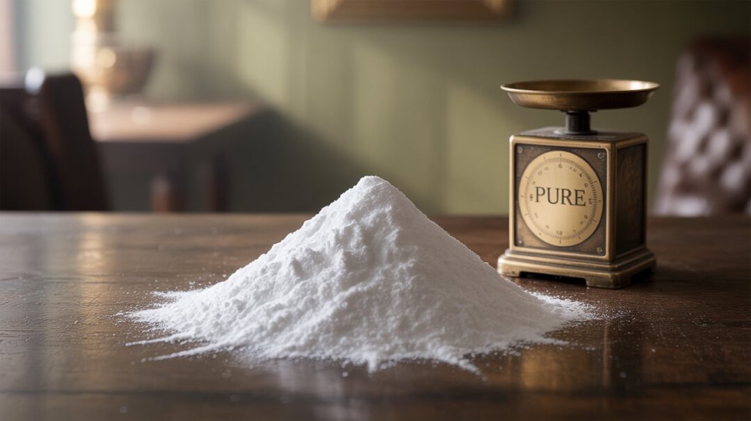A photograph of a pile of potassium chloride powder neatly arranged on a dark wooden table. The fine white crystals form a subtle pyramid shape, reflecting soft light and exhibiting a slight sheen. Beside the powder sits a small antique brass scale displaying "PURE" in elegant lettering. The background is a blurred study with a muted, warm color palette, creating a soft and focused ambiance.