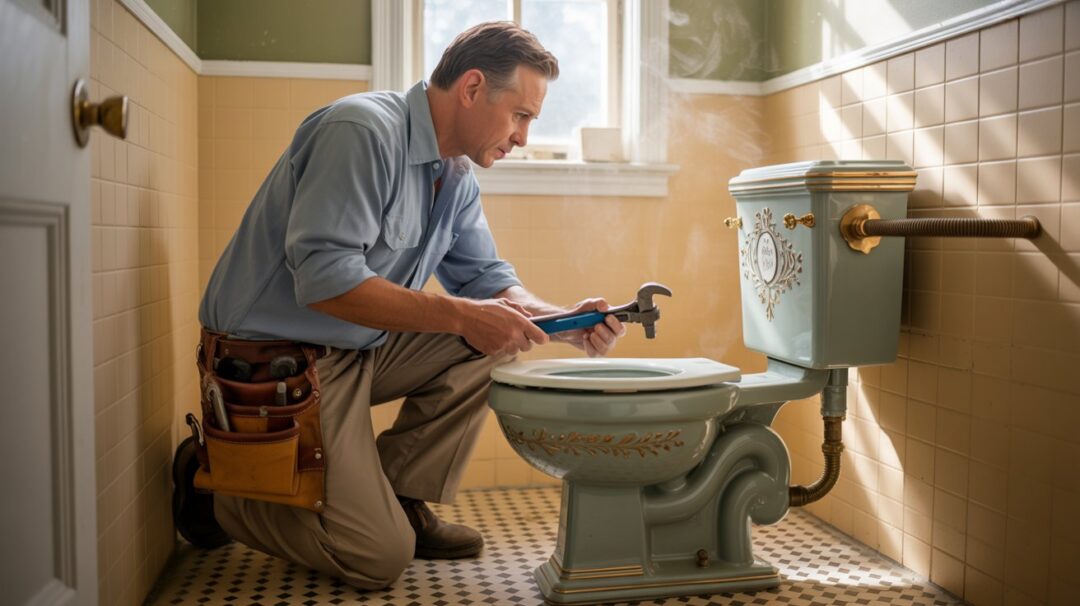 A photograph of a seasoned plumber meticulously working on a vintage porcelain toilet in a brightly lit bathroom. He is wearing a worn blue work shirt, khaki pants, and a leather tool belt holding various wrenches and pipes. The toilet itself has intricate floral detailing and a tarnished brass handle, situated in a bathroom with checkered tile floors and pale yellow walls. Soft, diffused sunlight streams in through a nearby window, illuminating dust particles dancing in the air.
