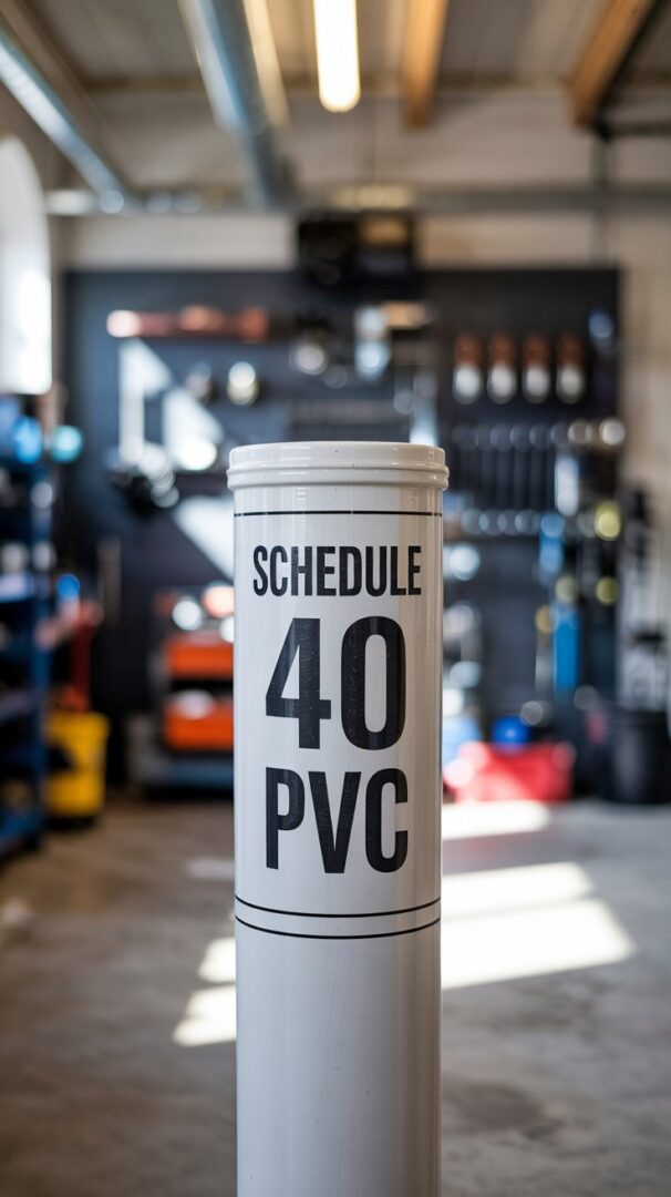A photograph of a section of "Schedule 40 PVC" pipe, prominently displayed against a backdrop of a modern plumbing workshop. The white PVC pipe is pristine, showing clear markings that read "Schedule 40 PVC" along its length, with a slightly blurred depth of field emphasizing the pipe's texture. Soft, diffused light illuminates the pipe from above, casting gentle shadows on the workshop's concrete floor and partially revealing a collection of tools and fittings in the background. The image highlights the pipe's industrial functionality and clean appearance, suitable for a technical catalogue or educational purpose.