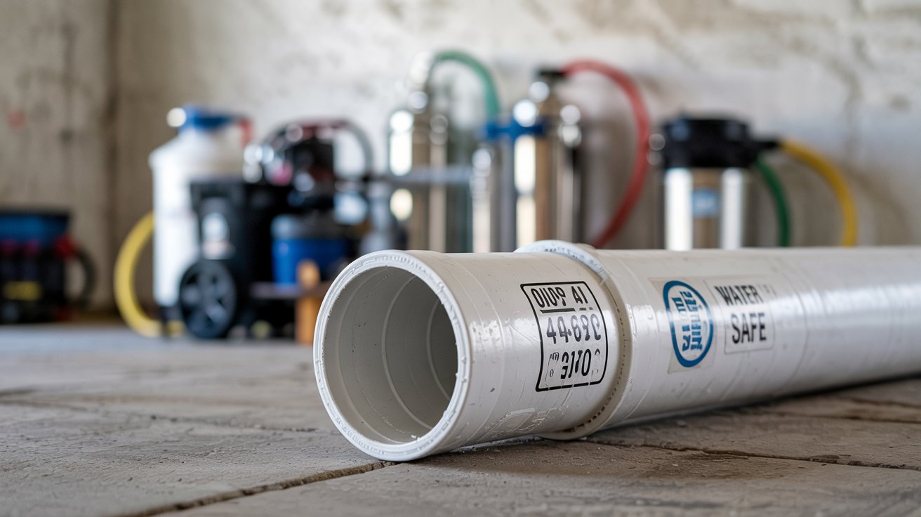 A photograph of a section of white schedule 40 PVC pipe lying horizontally on a concrete floor. The PVC pipe is slightly dusty and has visible markings indicating its size and specifications, with a small sticker that reads “"WATER SAFE"" attached to its side. In the softly blurred background, a collection of stainless steel drinking water equipment – filters, pumps, and hoses – are neatly arranged against a white wall. Soft, diffused lighting highlights the texture of the PVC and the metallic sheen of the equipment.