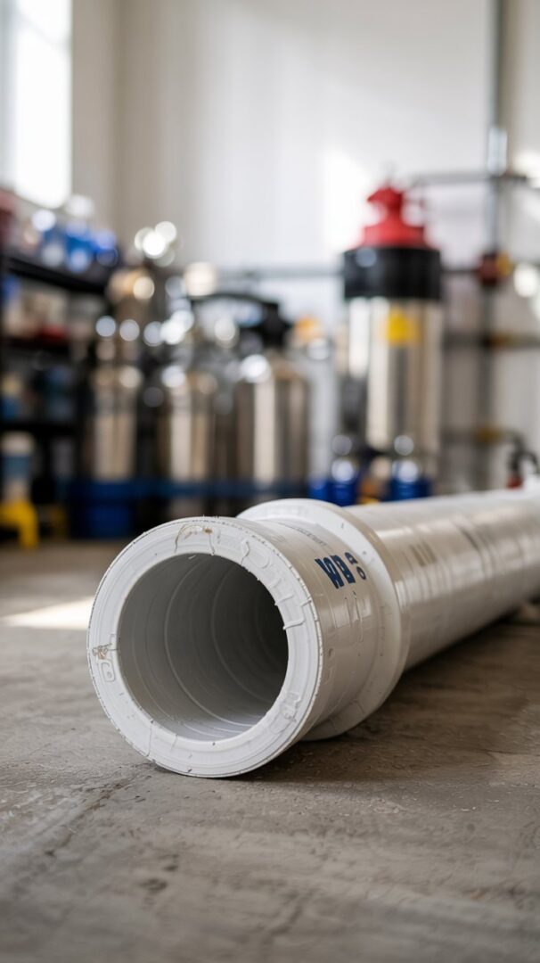 A photograph of a section of white Schedule 40 PVC pipe lying horizontally on a concrete floor. The PVC pipe has subtle surface imperfections and a slightly dusty texture. In the blurred background, a collection of stainless steel drinking water equipment, including filters and valves, is arranged neatly against a white wall. Soft, diffused lighting illuminates the scene, emphasizing the pipe's clean lines and the industrial setting.