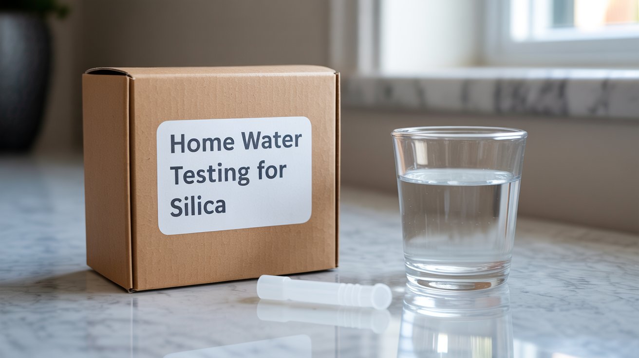 A photograph of a Silica Water Test Kit resting on a light grey marble countertop. The kit features a small, minimalist cardboard box with a rectangular white sticker prominently displaying "Home Water Testing for Silica" in a clean sans-serif font. Next to the box sits a clear glass of fresh water and a single white plastic test vial, reflecting the soft light, creating a sense of simple scientific inquiry. The scene is illuminated by diffused window light, casting gentle shadows and providing a clean, trustworthy ambiance.