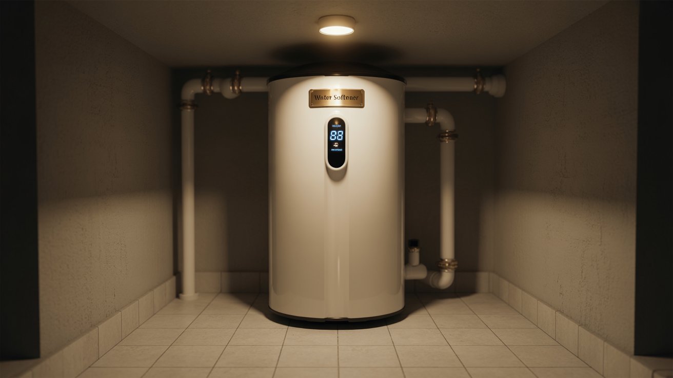 A photograph of a sleek, modern home water softener unit installed in a utility room. The unit is a cylindrical white design with a digital display showing the current water hardness level, and a small brass label reads "Water Softener" affixed to the front. The room is dimly lit with a single overhead bulb illuminating the unit and highlighting the clean, tiled floor and exposed pipes. A faint glow emanates from the digital display, adding a touch of subtle detail to the otherwise utilitarian scene.