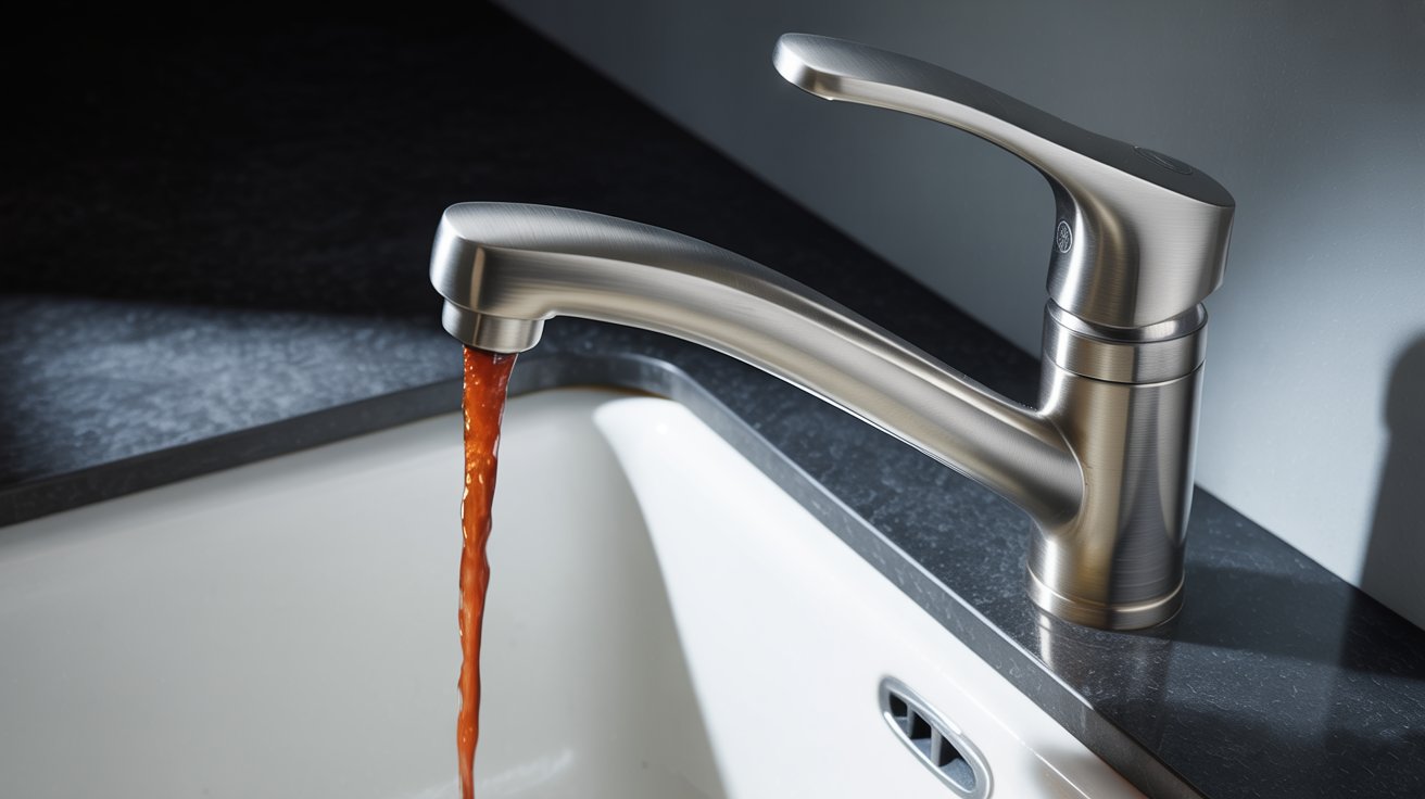 A photograph of a sleek, modern kitchen faucet with a brushed stainless steel finish. A stream of rusty-red water pours from the faucet head, creating a stark contrast against the pristine white porcelain sink below. The faucet is mounted on a dark granite countertop, reflecting the light and highlighting the unusual color of the water. Soft, diffused lighting illuminates the scene, emphasizing the texture of the metal and the unexpected flow of "rusty water".