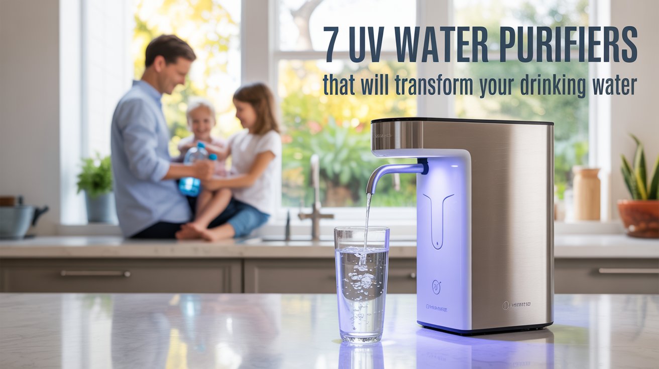 A photograph of a sleek, modern kitchen showcasing a state-of-the-art UV water purifier on a pristine white countertop. The purifier, crafted from brushed stainless steel, emits a soft, ethereal blue glow, illuminating a clear glass of water beside it, sparkling with purity. In the softly blurred background, a smiling family is filling a reusable water bottle, bathed in the warm light filtering through a large window overlooking a lush garden, with bold text overlay reading "7 UV Water Purifiers That Will Transform Your Drinking Water". The scene evokes a sense of health, technological innovation, and a commitment to clean, safe drinking water.