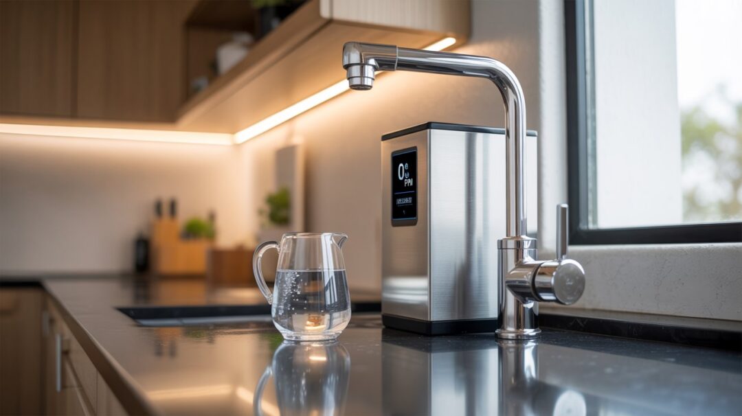 A photograph of a sleek, modern reverse osmosis water filtration system installed on a kitchen countertop. The system features a brushed stainless steel housing with a digital display showing "0 PPM" and a chrome faucet extending towards a ceramic farmhouse sink. A small glass pitcher filled with crystal-clear water sits beside the system, reflecting the soft, diffused light from a nearby window. The countertop is made of dark gray quartz, and the background shows a minimalist kitchen with light wood cabinets and warm, ambient lighting.