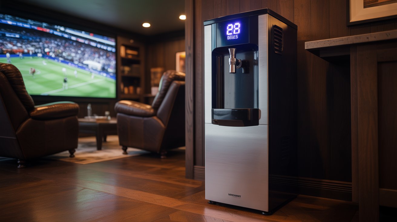 A photograph of a sleek, modern water cooler standing prominently in the corner of a well-appointed mancave. The water cooler is a striking combination of black and brushed stainless steel, featuring a glowing blue LED display showing "22 degrees" and a reflective chrome spigot. The cooler sits on a rich, dark hardwood floor, partially obscured by the shadows of dark wood paneling and a plush leather recliner angled towards a large flat-screen TV displaying a vibrant basketball game. Warm, indirect lighting from recessed ceiling fixtures casts a cozy glow on the scene, highlighting the cooler as a stylish and functional addition to the space.