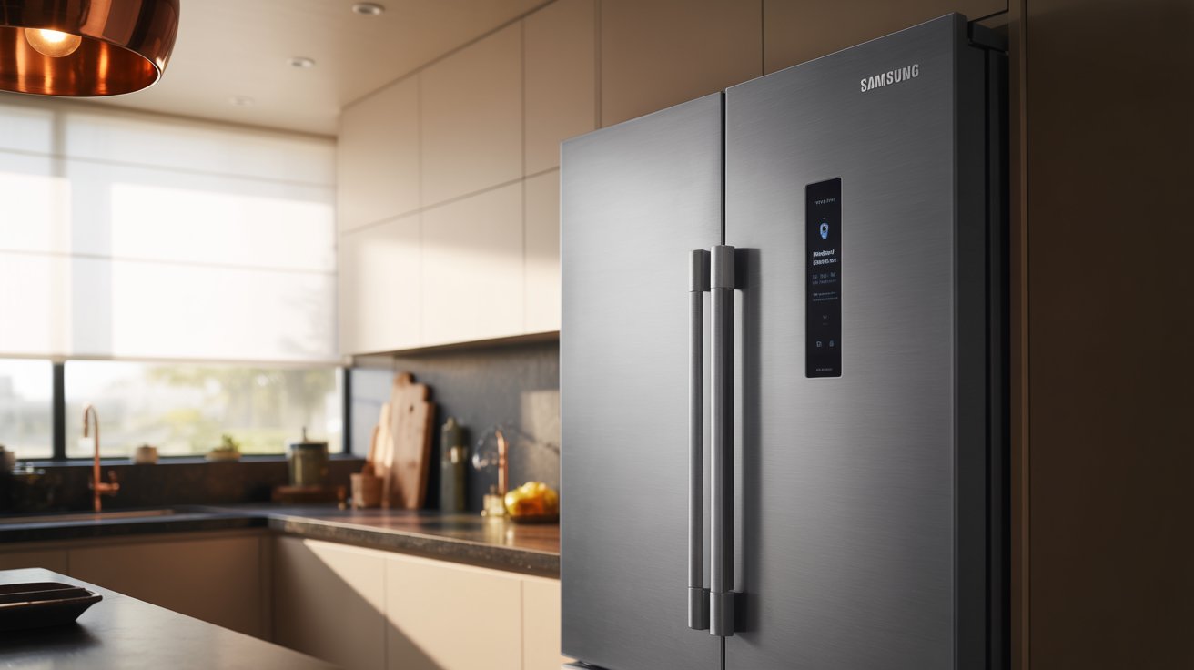 A photograph of a sleek stainless steel Samsung refrigerator with French doors standing in a modern luxury kitchen. The refrigerator’s surface reflects the ambient light, showcasing its clean lines and integrated handle design, and a small “Family Hub” display panel glows subtly. The kitchen features minimalist white cabinetry, a dark granite countertop, and a gleaming copper pendant light fixture hanging overhead. Soft, diffused natural light streams in through a nearby window, creating a warm and inviting atmosphere.