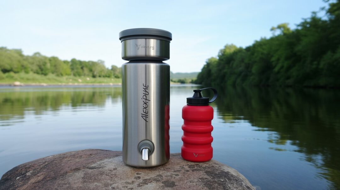 A photograph of a stainless steel Alexapure water filter resting on a weathered gray rock beside a calm river. The filter consists of two cylindrical sections, the top with a dark gray lid and the bottom featuring a small spigot, both adorned with the "Alexapure" logo etched into the metal. A vibrant red, collapsible water bottle with a black cap sits next to the filter, angled slightly towards the water, while the background showcases lush green foliage and a glimpse of a partly sunny sky. Soft, diffused natural light highlights the scene, emphasizing the tranquility of the riverside setting and the preparedness for outdoor adventures.