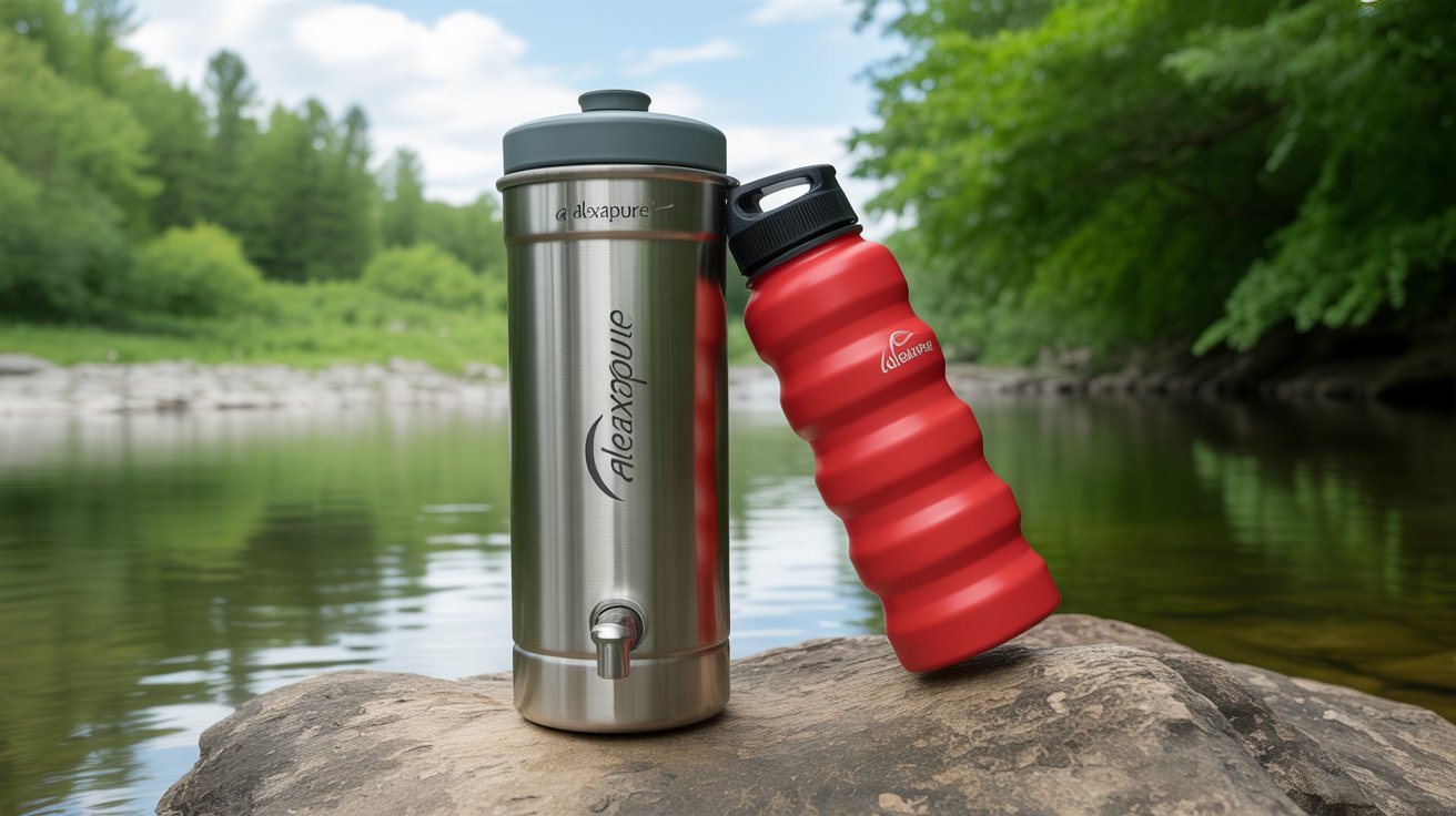 A photograph of a stainless steel Alexapure water filter resting on a weathered gray rock beside a calm river. The filter consists of two cylindrical sections, the top with a dark gray lid and the bottom featuring a small spigot, both adorned with the "Alexapure" logo etched into the metal. A vibrant red, collapsible water bottle with a black cap sits next to the filter, angled slightly towards the water, while the background showcases lush green foliage and a glimpse of a partly sunny sky. Soft, diffused natural light highlights the scene, emphasizing the tranquility of the riverside setting and the preparedness for outdoor adventures.