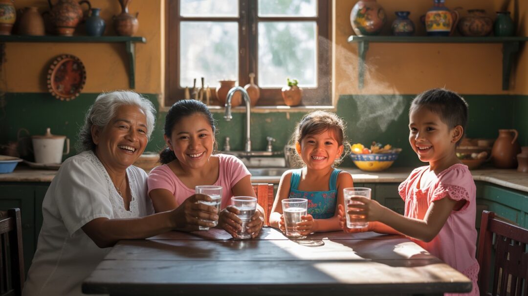 A photograph of a warm and inviting kitchen featuring a multigenerational Mexican family gathered around a rustic wooden table. The family members, consisting of a grandmother, mother, and two young children, are all smiling genuinely while holding clear glasses of water. Sunlight streams through a window above the sink, illuminating dust motes dancing in the air and highlighting the vibrant colors of traditional Mexican pottery displayed on open shelves in the background. The scene exudes a feeling of love, connection, and simple joy.