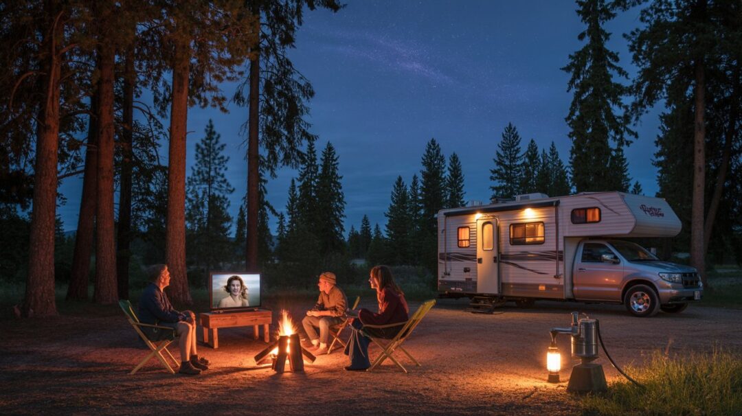 Understanding How Long an RV Water Pump Should Last A photograph of a warmly lit campsite nestled amongst towering pine trees at dusk. A small group of four people are huddled around a crackling campfire, watching "The Princess Bride" play on a flat-screen TV resting on a rustic wooden table. The RV, parked nearby, has an external water pump subtly glowing from ambient lights, and a single LED lantern illuminates the scene, casting long shadows on the forest floor. Above, a deepening twilight sky is sprinkled with the first emerging stars, highlighting the unexpected juxtaposition of modern technology and wilderness serenity.