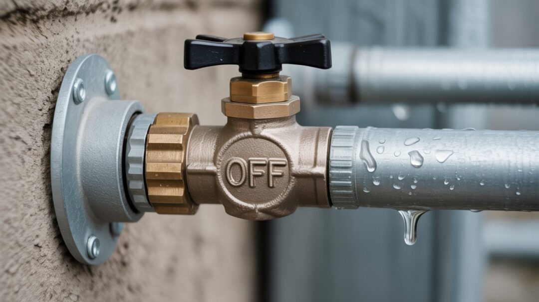 Understanding the Importance of Shutoff Valves A photograph of a weathered brass shutoff valve installed on a galvanized steel pipe. The valve handle is in the "off" position, displaying the word "OFF" clearly etched into the metal. The valve is situated against a textured concrete wall, and a single drop of condensation clings to the pipe, reflecting the diffused natural light. Soft, even lighting illuminates the scene, highlighting the textures and materials while creating a sense of quiet utility.