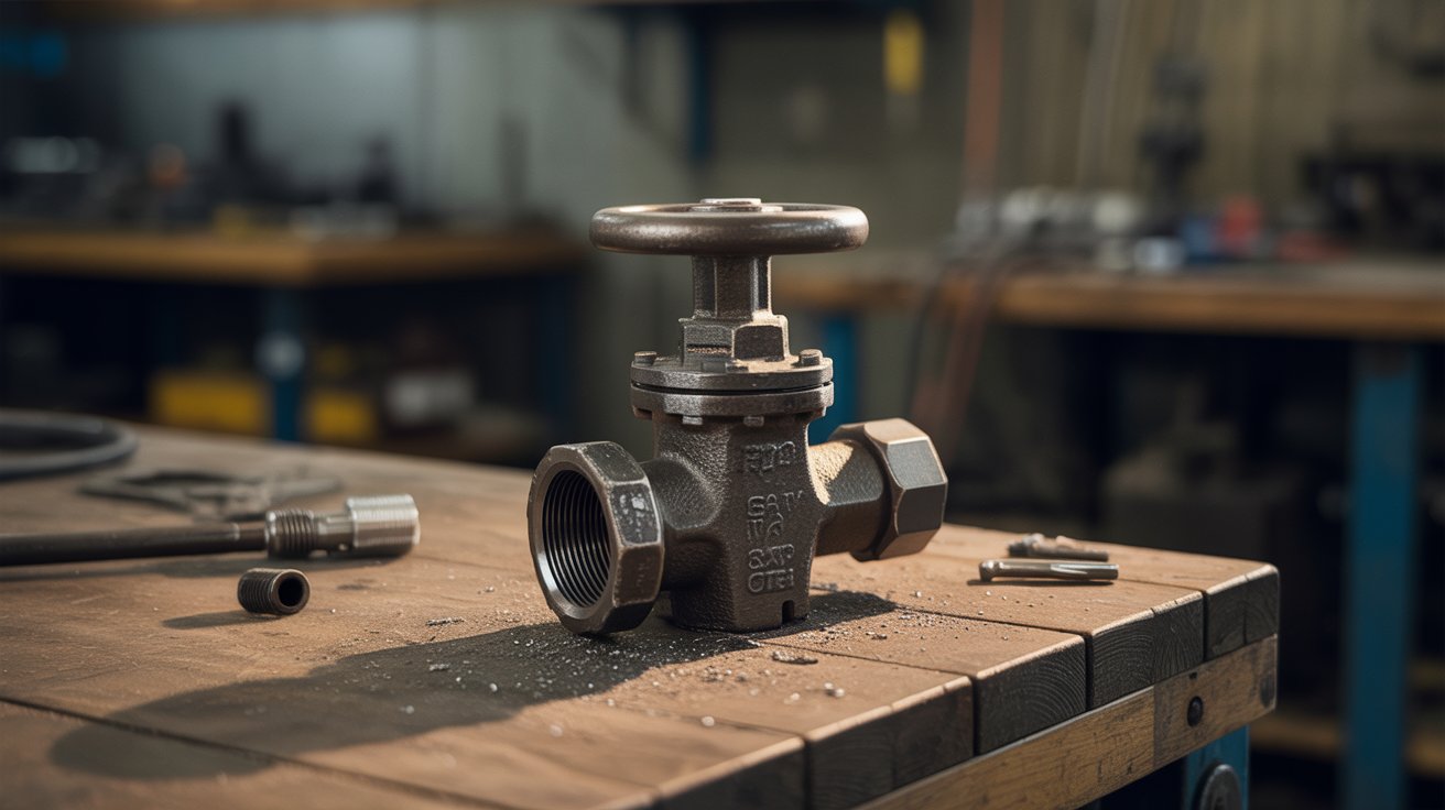 A photograph of a weathered gate valve resting on a sturdy wooden workbench. The valve is made of dark, corroded iron with a circular handle and various threaded connections, displaying signs of age and use. A few stray metal shavings and dust particles are scattered around the valve on the workbench, and a single spotlight illuminates the valve, casting sharp shadows. The background is a blurred industrial workshop with tools and equipment visible, hinting at a mechanical repair setting.