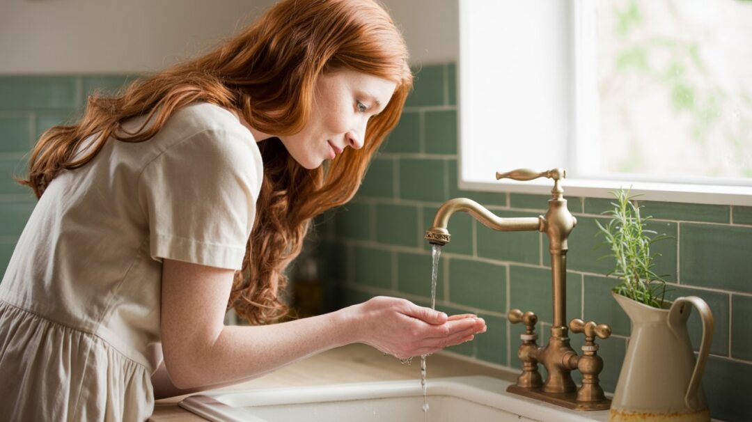 A photograph of a woman with long flowing auburn hair cupping her hands beneath a vintage brass kitchen faucet. She is wearing a simple white linen dress and has a thoughtful expression as she awaits the water, her gaze focused on the dripping faucet. The faucet is set against a backdrop of distressed teal subway tiles, and a single sprig of rosemary sits in a ceramic pitcher on the nearby countertop. Soft, diffused sunlight streams in through a nearby window, illuminating the scene with a warm and inviting glow.
