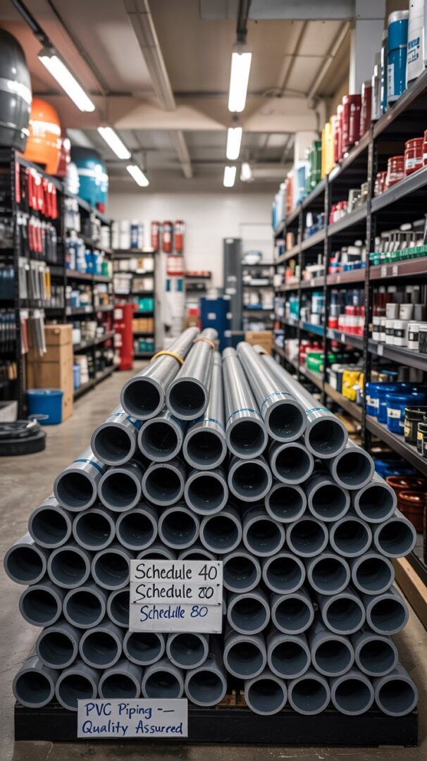 Comparing Schedule 40 PVC vs Schedule 80 PVC for Your Project A photograph of neatly stacked lengths of Schedule 40 and Schedule 80 PVC pipe inside a well-lit plumbing supply store. The PVC pipes are arranged in a visually pleasing display, with the Schedule 40 pipes in a light gray color and the Schedule 80 pipes in a darker gray, each labeled with “Schedule 40” and “Schedule 80” respectively. The background features shelves stocked with various plumbing fittings and tools, illuminated by overhead fluorescent lighting, creating a clean and organized aesthetic. A small handwritten sign reads “PVC Piping – Quality Assured”.