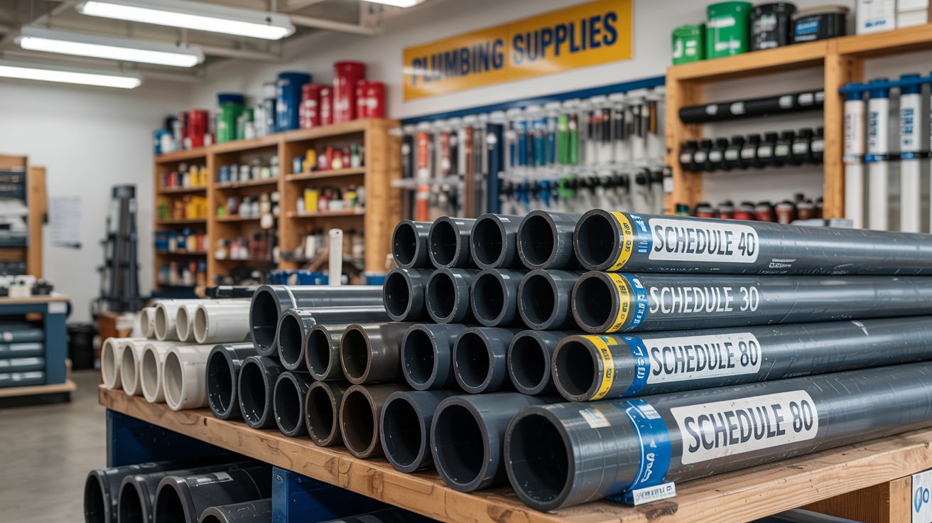A photograph of neatly stacked lengths of Schedule 40 and Schedule 80 PVC piping inside a well-lit plumbing store. The pipes are organized by size, displaying a variety of diameters and lengths with labels clearly stating "Schedule 40" and "Schedule 80" printed on their sides. The background features a wooden shelving unit stocked with various plumbing fittings and tools, with a bright yellow sign reading "Plumbing Supplies" hanging above. Soft, diffused lighting illuminates the scene, highlighting the textures and details of the pipes and the store's organized interior.