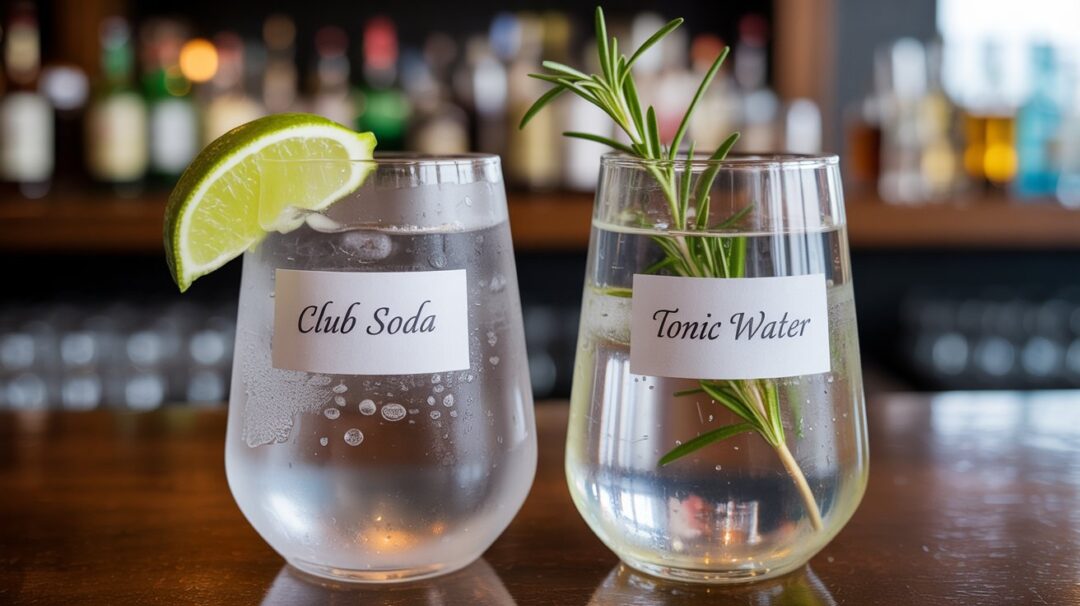 A photograph of two clear glasses side-by-side, one containing "Club Soda" and the other "Tonic Water" written in elegant script on small paper labels. The club soda glass is adorned with a wedge of lime, while the tonic water glass features a sprig of fresh rosemary, each garnish subtly enhancing the drink's visual appeal. Both glasses rest on a polished wooden bar countertop, with a blurred background of a dimly lit cocktail lounge suggesting a sophisticated setting. Soft, warm lighting highlights the condensation on the glasses, adding depth and a refreshing feel to the scene.