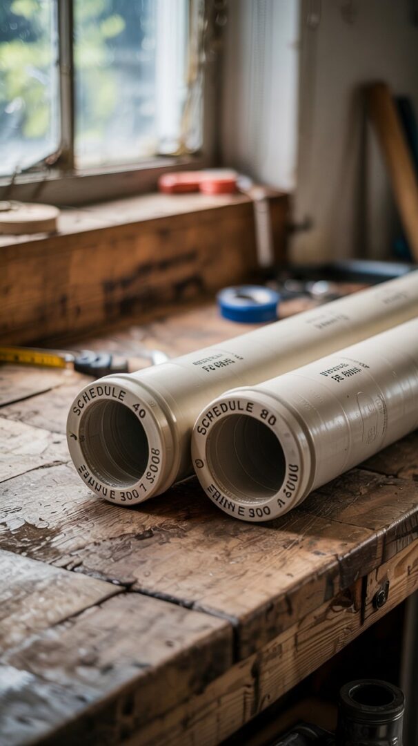 Comparing Schedule 40 PVC vs Schedule 80 PVC for Your Project A photograph of two lengths of PVC pipe, labeled "Schedule 40" and "Schedule 80", resting on a weathered wooden workbench. The pipes are a creamy white color with subtle variations in texture and minor scuffs indicative of handling. Soft natural light streams through a nearby window, casting gentle shadows on the pipes and illuminating the fine details of the workbench's surface. A few stray tools and a measuring tape are casually arranged in the background, subtly suggesting a workshop environment.