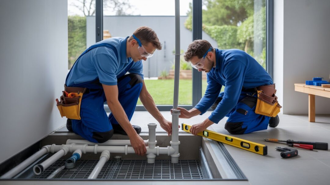 plumbers installing a drainage system in a house