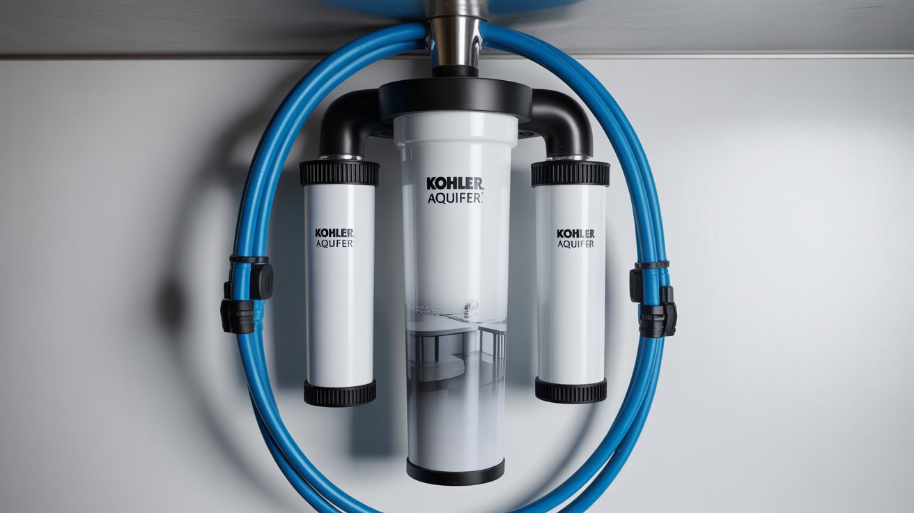 A photograph showcases the Kohler Aquifer under-sink water filtration system, highlighting its sleek and modern design. The central filter housing, prominently labeled "Kohler Aquifer" is positioned against a clean white wall, with two cylindrical carbon block filters attached, also displaying the "KOHLER Aquifer" branding. Blue flexible hoses with quick-connect fittings subtly encircle the system, and a soft, diffused light illuminates the components from above, emphasizing the system's functionality and minimalist aesthetic. A faint reflection of a stainless steel kitchen sink can be seen in the filter housing, indicating its intended installation environment.
