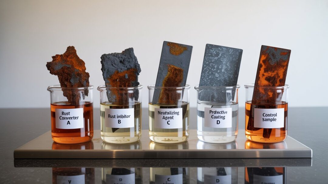 A photograph showcasing a meticulously arranged side-by-side comparison of rust treatment solutions. In the foreground, five varying metal samples exhibiting different stages of rust are displayed, each immersed in a labeled glass beaker containing a distinct chemical solution: “Rust Converter A”, “Rust Inhibitor B”, "Neutralizing Agent C", “Protective Coating D”, and “Control Sample”. A stainless steel platform reflects the beakers, and a softbox provides even illumination, highlighting the textures of the metal and the clarity of the solutions, while the background is a seamless white wall. The entire setup is positioned against a subtle gradient, ensuring that the products and their effects are the sole focus, enhancing the professional and informative aesthetic.