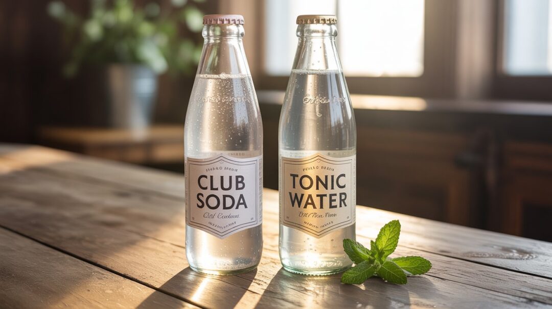 A photograph of two clear glasses side-by-side, one containing "Club Soda" and the other "Tonic Water" written in elegant script on small paper labels. The club soda glass is adorned with a wedge of lime, while the tonic water glass features a sprig of fresh rosemary, each garnish subtly enhancing the drink's visual appeal. Both glasses rest on a polished wooden bar countertop, with a blurred background of a dimly lit cocktail lounge suggesting a sophisticated setting. Soft, warm lighting highlights the condensation on the glasses, adding depth and a refreshing feel to the scene.