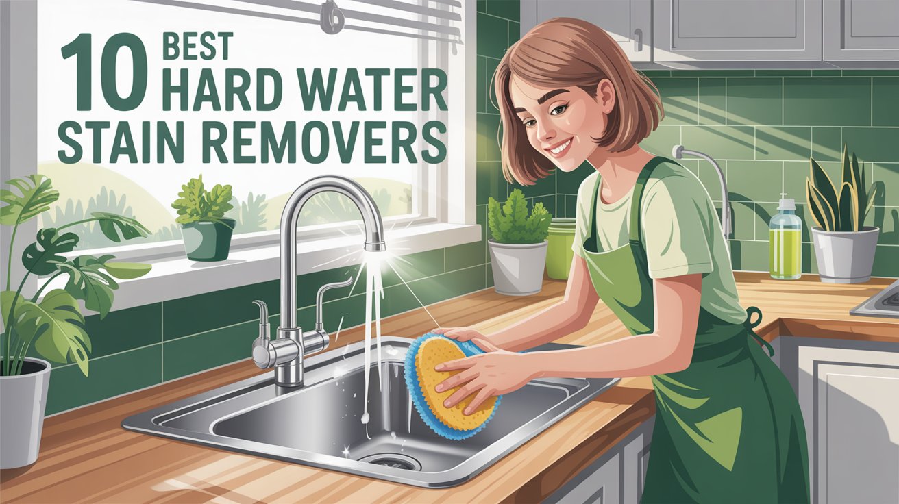 A poster in an eco-friendly style promoting "10 Best Hard Water Stain Removers". The main focus is a smiling woman with a light-brown bob hairstyle cleaning a stainless steel kitchen sink with a natural-fiber sponge. Soft, diffused sunlight streams in from a nearby window, highlighting the sparkle of the freshly cleaned sink and the woman’s focused expression, with green potted plants and wooden countertops subtly visible in the background. The overall scene evokes a sense of natural cleanliness and sustainable living.