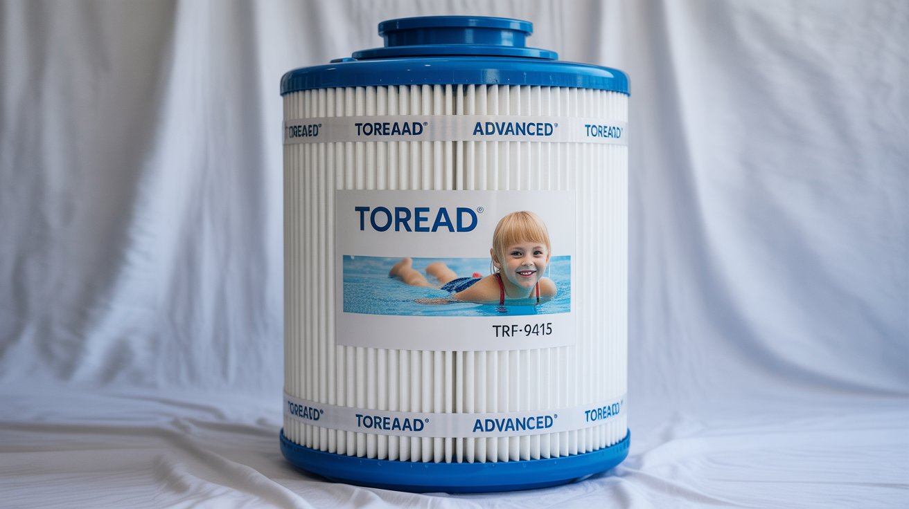 A product photograph showcases a cylindrical Toread Advanced pool filter against a clean, white seamless backdrop. The filter is predominantly white, featuring numerous evenly spaced vertical pleats and encircled by repeating "TOREAD Advanced" text on white bands, accented by bright blue plastic rings at its top and bottom. A label wraps the filter's midsection, displaying "TOREAD" prominently alongside the model number "TRF-9415" and a small graphic of a smiling child swimming underwater. Soft, diffused studio lighting illuminates the filter, highlighting its details and creating a crisp, clean, and inviting presentation.