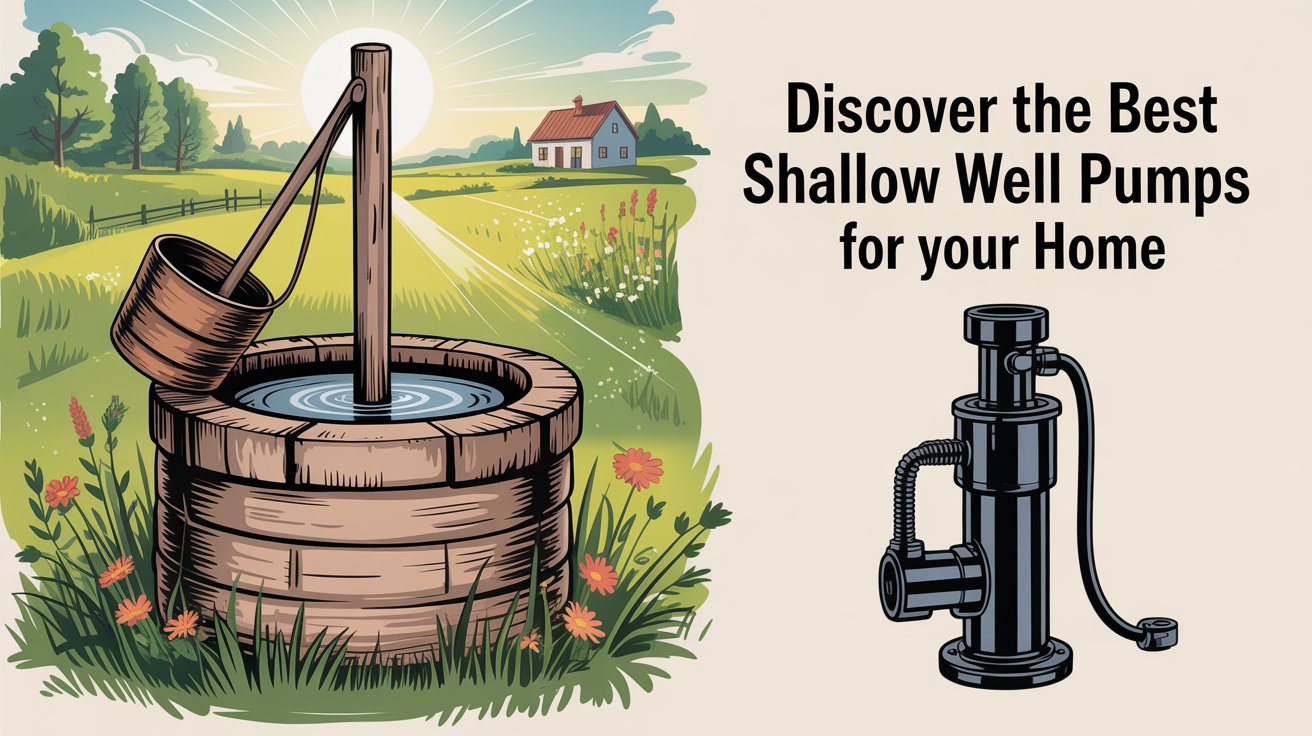 A promotional flyer in a rustic, illustrative style showcasing "Discover the Best Shallow Well Pumps for Your Home". The central focus is a charming, hand-drawn shallow water well situated in a lush green meadow, complete with a weathered wooden bucket gently suspended over the clear water, and a modern, efficient shallow well pump prominently displayed beside it. Sunlight bathes the scene, casting soft shadows and highlighting the pump's sleek design, while wildflowers and a distant farmhouse complete the idyllic rural setting, conveying reliability and a connection to nature. The flyer is designed to evoke a sense of traditional values combined with modern convenience, inviting homeowners to explore effective well solutions.
