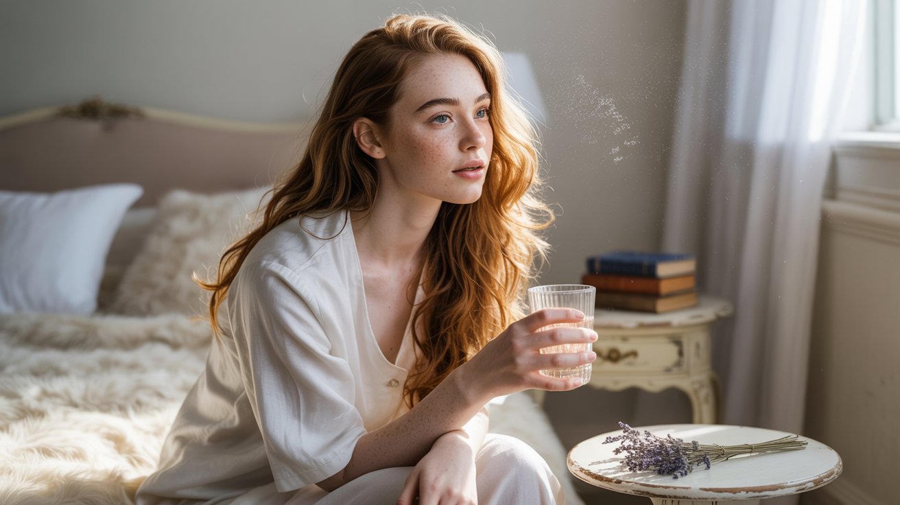 A soft, natural-light photograph captures a young woman with long, wavy auburn hair and delicate freckles sitting on a plush, cream-colored bed. She’s wearing a simple white linen nightgown and gently holding a glass of cool water, her expression serene and contemplative as she gazes slightly off-camera. The bedroom is softly lit with diffused sunlight streaming through sheer curtains, illuminating dust motes dancing in the air and highlighting the texture of the bedding and a small, vintage bedside table holding a stack of books. A scattering of dried lavender rests on the table beside the glass, adding a touch of quiet beauty to the scene.