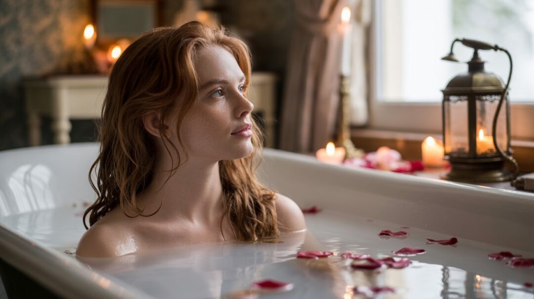 A tranquil outdoor scene showcases the benefits of well water bathing. In the foreground, a serene natural pool reflects the lush, verdant foliage surrounding it. Shafts of warm, golden light filter through the trees, creating a soft, diffused illumination. In the middle ground, a person reclines peacefully in the crystal-clear, mineral-rich water, their skin glowing with a healthy radiance. The background depicts rolling hills and a cloudless sky, evoking a sense of harmony and rejuvenation. The overall atmosphere is one of calmness, purity, and the restorative power of nature. A soft, romantic portrait photograph captures a woman immersed in a clawfoot bathtub filled with warm, milky water. She has long, wavy auburn hair cascading over her shoulders and a serene expression as she gazes towards the window, her face partially illuminated by the diffused sunlight. Scattered rose petals float on the water's surface, alongside flickering candlelight from a nearby antique brass lantern, creating a warm and intimate atmosphere. The background is softly blurred, revealing a glimpse of a vintage-style bathroom with muted wallpaper and a freestanding vanity.