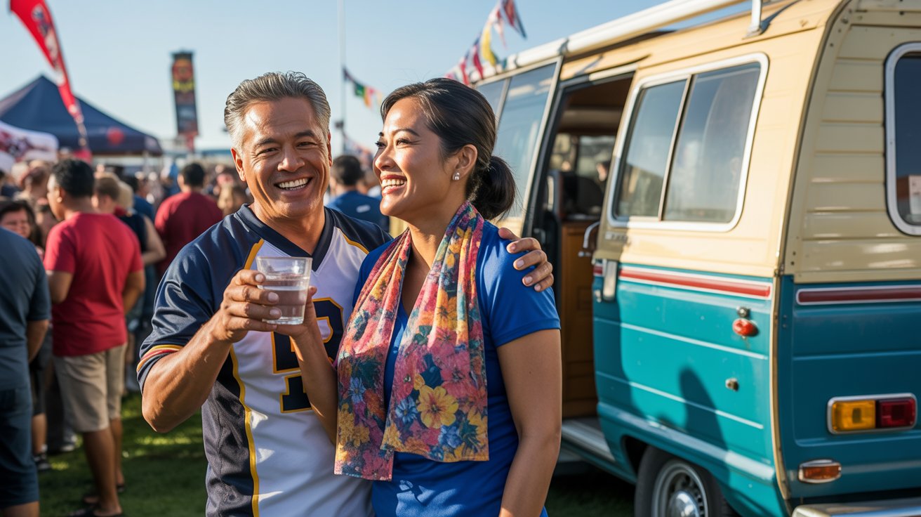 couple drinking water outside of their Rv at a football tailgate