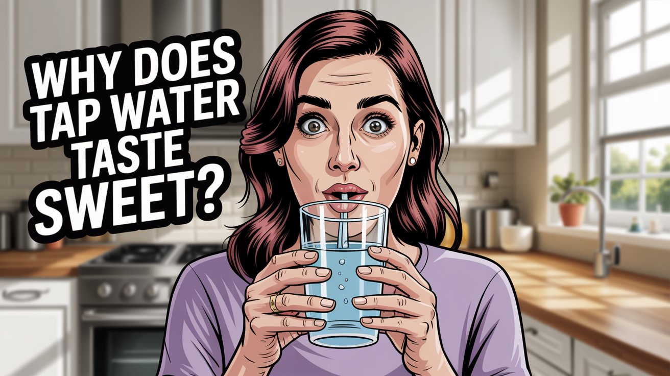 A vibrant, eye-catching flyer promoting the event "Why Does Tap Water Taste Sweet?". The central focus is a surprised woman with expressive eyes and slightly parted lips, mid-sip of a glass of clear tap water, conveying a moment of unexpected sweetness. Behind her, a blurred background depicts a bright, modern kitchen with stainless steel appliances and natural light streaming through a window, softly highlighting the water droplets on the glass. The flyer’s design incorporates bold typography and a clean layout, ensuring the text and image are easily readable and create a sense of curiosity.