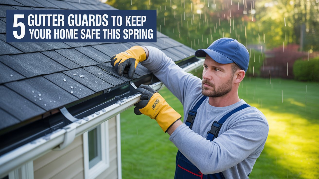 A vibrant promotional poster advertising "5 Gutter Guards to Keep Your Home Safe This Spring". The central focus is a determined homeowner wearing work gloves and a blue baseball cap, skillfully installing a dark gray gutter guard system on a light-colored house. Raindrops are subtly visible in the background, and the vibrant green grass of the lawn contrasts with the siding of the home, emphasizing the spring theme. The image is bathed in soft, diffused sunlight, highlighting the homeowner's dedication and the protective benefits of the gutter guards.