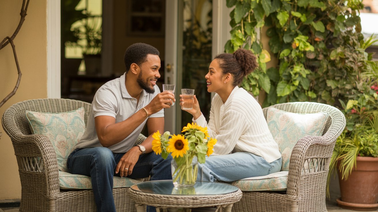 A warm, inviting photograph captures a loving black couple enjoying a quiet moment on their home patio. The man, with neatly trimmed facial hair and a kind smile, raises a glass of cool water, while his wife, with her hair pulled back in a stylish bun, gazes at him with affection. They are seated comfortably in wicker chairs adorned with patterned cushions, with a small table between them holding a vase of fresh sunflowers. Soft afternoon sunlight filters through the lush green foliage of potted plants and climbing vines, creating a peaceful and intimate atmosphere.