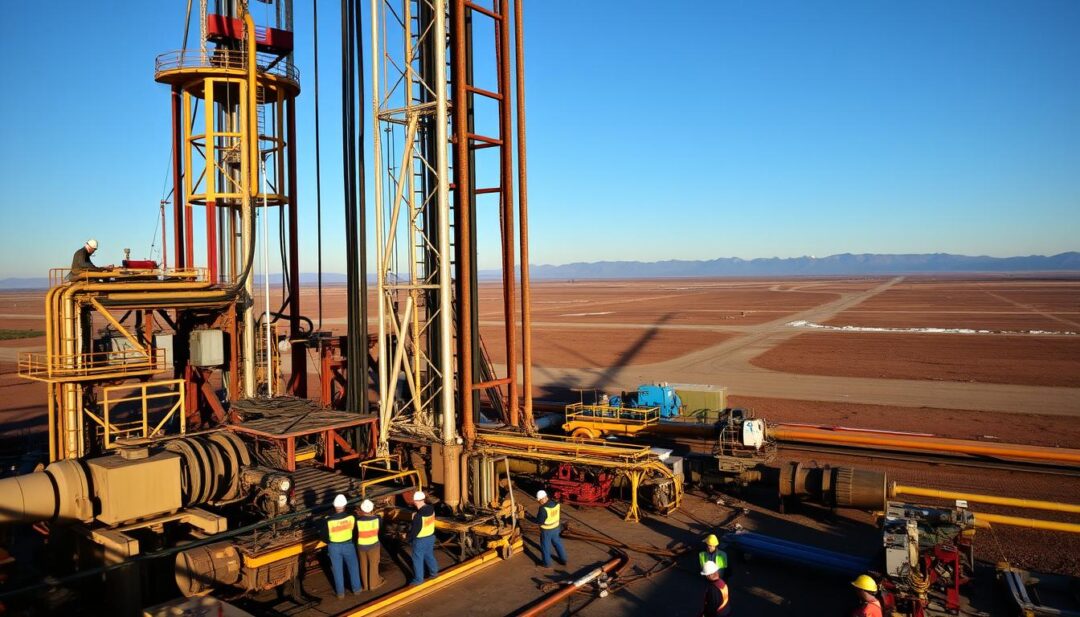 an expansive industrial site with a towering drilling rig at the center, surrounded by a network of heavy machinery and equipment. In the foreground, a team of workers in hard hats and safety gear carefully operate the controls of the rig, directing the powerful drill bit as it bores deep into the earth. The middle ground reveals the intricate piping and support structures that stabilize the drilling process, while the background showcases the vast, open expanse of the worksite, with mountains or a horizon visible in the distance. Dramatic lighting casts long shadows, creating a sense of scale and emphasizing the sheer power and complexity of the well drilling operation. an expansive industrial site with a towering drilling rig at the center, surrounded by a network of heavy machinery and equipment. In the foreground, a team of workers in hard hats and safety gear carefully operate the controls of the rig, directing the powerful drill bit as it bores deep into the earth. The middle ground reveals the intricate piping and support structures that stabilize the drilling process, while the background showcases the vast, open expanse of the worksite, with mountains or a horizon visible in the distance. Dramatic lighting casts long shadows, creating a sense of scale and emphasizing the sheer power and complexity of the well drilling operation.