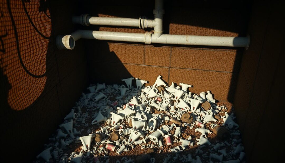 A clogged septic tank system, its interior filled with discarded feminine hygiene products, blockages obstructing the pipes. The scene is captured in a cross-sectional view, revealing the intricate network of tanks and drainage fields. Dramatic lighting casts long shadows, emphasizing the scale of the problem. The overall mood is one of concern and environmental awareness, highlighting the consequences of improper waste disposal. The image is rendered in a realistic, technical style, with attention to detail in the mechanical components and textural elements. A clogged septic tank system, its interior filled with discarded feminine hygiene products, blockages obstructing the pipes. The scene is captured in a cross-sectional view, revealing the intricate network of tanks and drainage fields. Dramatic lighting casts long shadows, emphasizing the scale of the problem. The overall mood is one of concern and environmental awareness, highlighting the consequences of improper waste disposal. The image is rendered in a realistic, technical style, with attention to detail in the mechanical components and textural elements.