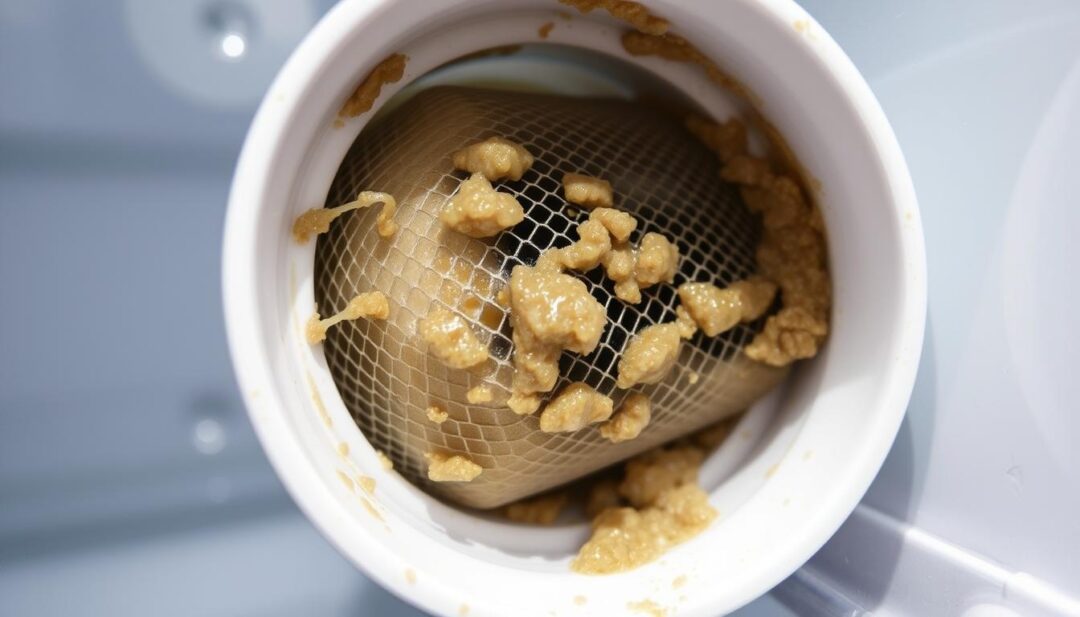 A close-up image of a refrigerator's water filter, showcasing several clear indicators of a clogged state. The filter appears discolored, with visible buildup and sediment trapped within the mesh. The surrounding area is well-lit, creating a crisp, detailed view of the filter's deteriorating condition. The image is captured at a slightly upward angle, emphasizing the filter's prominent placement within the refrigerator's interior. The overall mood is one of careful inspection, highlighting the visual cues that signal the need for a filter replacement. A close-up image of a refrigerator's water filter, showcasing several clear indicators of a clogged state. The filter appears discolored, with visible buildup and sediment trapped within the mesh. The surrounding area is well-lit, creating a crisp, detailed view of the filter's deteriorating condition. The image is captured at a slightly upward angle, emphasizing the filter's prominent placement within the refrigerator's interior. The overall mood is one of careful inspection, highlighting the visual cues that signal the need for a filter replacement.