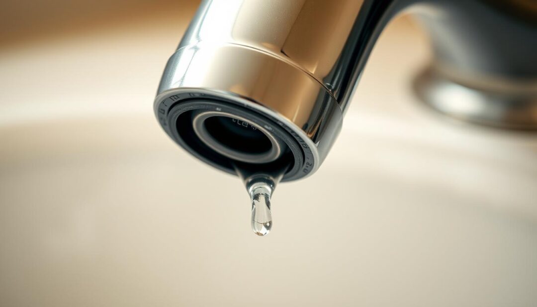 A close-up view of a leaky faucet spout from a reverse osmosis (RO) water system. The faucet is made of shiny chrome metal, with a small drip of water slowly leaking from the tip of the spout. The background is blurred, but shows the edge of a sink basin or countertop. Soft, warm lighting illuminates the scene, creating reflections on the wet surface. The image has a crisp, detailed focus, highlighting the intricate mechanical parts and textured surfaces of the faucet. The overall mood is one of a practical, functional repair task, with a sense of care and precision required to address the leaky issue. A close-up view of a leaky faucet spout from a reverse osmosis (RO) water system. The faucet is made of shiny chrome metal, with a small drip of water slowly leaking from the tip of the spout. The background is blurred, but shows the edge of a sink basin or countertop. Soft, warm lighting illuminates the scene, creating reflections on the wet surface. The image has a crisp, detailed focus, highlighting the intricate mechanical parts and textured surfaces of the faucet. The overall mood is one of a practical, functional repair task, with a sense of care and precision required to address the leaky issue.