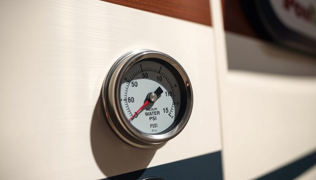 A close-up view of a water pressure gauge installed on the side of an RV, showing the pressure reading in pounds per square inch (PSI). The gauge is mounted on a brushed metal panel, with a chrome bezel and a clean, minimalist design. The lighting is soft and directional, casting subtle shadows that accentuate the gauge's details. The background is blurred, creating a sense of focus on the essential component. The overall mood is one of precision, functionality, and attention to detail, perfectly suited for the "Essential Check #1: Inspect Water Pressure at the Campground Spigot" section of the article. A close-up view of a water pressure gauge installed on the side of an RV, showing the pressure reading in pounds per square inch (PSI). The gauge is mounted on a brushed metal panel, with a chrome bezel and a clean, minimalist design. The lighting is soft and directional, casting subtle shadows that accentuate the gauge's details. The background is blurred, creating a sense of focus on the essential component. The overall mood is one of precision, functionality, and attention to detail, perfectly suited for the "Essential Check #1: Inspect Water Pressure at the Campground Spigot" section of the article.