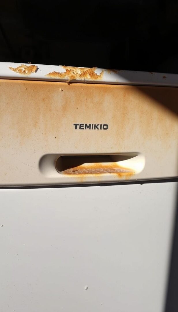 A close-up view of hard water stains and mineral deposits on the surface of household appliances, such as a dishwasher or washing machine. The appliance's exterior appears dull and discolored, with visible scale buildup around the edges and control panels. The lighting is harsh, casting dramatic shadows to emphasize the textural details of the damaged surfaces. The image has a gritty, industrial feel, conveying the frustration and expense of dealing with the effects of hard water on household equipment.