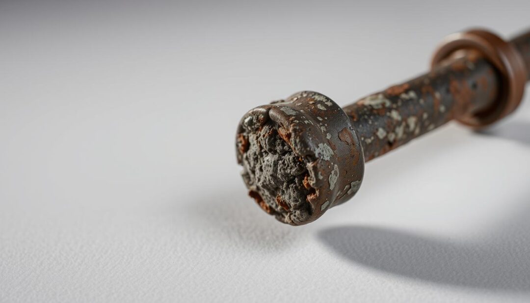 A detailed close-up examination of a weathered and corroded anode rod, its surface pitted and discolored from years of exposure to harsh elements. The rod is positioned against a neutral, muted background, allowing the intricate textures and deterioration to take center stage. Soft, directional lighting casts subtle shadows, accentuating the rod's dimensional qualities and highlighting the corrosion patterns. The overall mood is one of technical analysis, inviting the viewer to inspect and assess the condition of this critical component. A detailed close-up examination of a weathered and corroded anode rod, its surface pitted and discolored from years of exposure to harsh elements. The rod is positioned against a neutral, muted background, allowing the intricate textures and deterioration to take center stage. Soft, directional lighting casts subtle shadows, accentuating the rod's dimensional qualities and highlighting the corrosion patterns. The overall mood is one of technical analysis, inviting the viewer to inspect and assess the condition of this critical component.