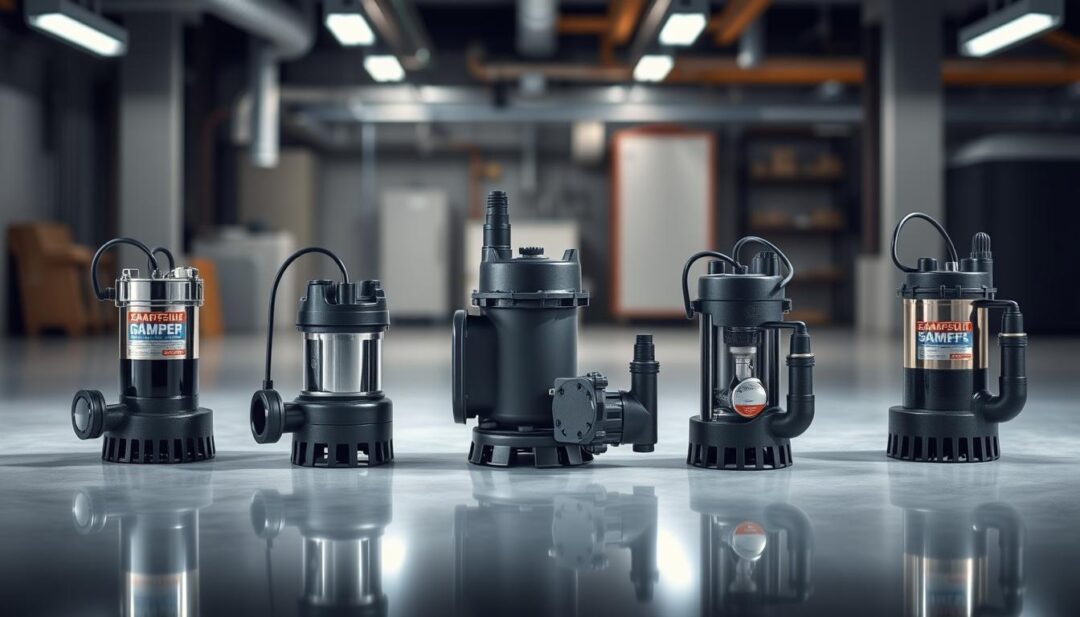 A detailed comparison of different types of sump pumps, showcased in a well-lit studio setting. In the foreground, three distinct sump pump models are displayed on a sleek, reflective surface, allowing their unique designs and features to be easily observed. The middle ground captures a cutaway view of the internal mechanisms of each pump, providing technical insights. In the background, a softly blurred industrial or basement environment hints at the real-world applications of these devices. The lighting is crisp and evenly distributed, accentuating the textures and materials of the pumps. The overall mood is one of informative clarity, allowing the viewer to easily assess the differences between the sump pump options. A detailed comparison of different types of sump pumps, showcased in a well-lit studio setting. In the foreground, three distinct sump pump models are displayed on a sleek, reflective surface, allowing their unique designs and features to be easily observed. The middle ground captures a cutaway view of the internal mechanisms of each pump, providing technical insights. In the background, a softly blurred industrial or basement environment hints at the real-world applications of these devices. The lighting is crisp and evenly distributed, accentuating the textures and materials of the pumps. The overall mood is one of informative clarity, allowing the viewer to easily assess the differences between the sump pump options.